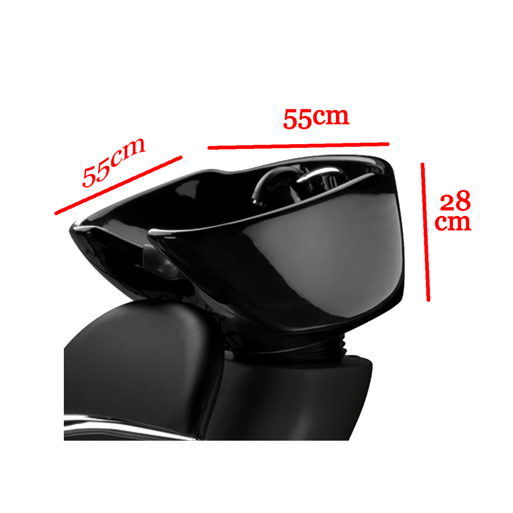 Recambio teja porcelana H2oAkua. Cubeta de lavacabezas de cerámica negra brillante, integrada en la parte superior de un sillón profesional de peluquería. La cubeta tiene forma ergonómica y profunda, diseñada para facilitar el lavado del cabello, con grifería y ducha acoplada en la parte interna.