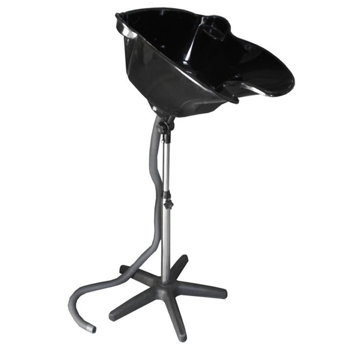 Lavacabezas portatil basculante Outlet. La imagen muestra tres lavacabezas portátiles de peluquería, cada uno en un color diferente: negro, lila y gris. El modelo negro está completamente montado sobre una base de cinco patas tipo estrella, con tubo de desagüe y soporte regulable en altura. H2o Akua