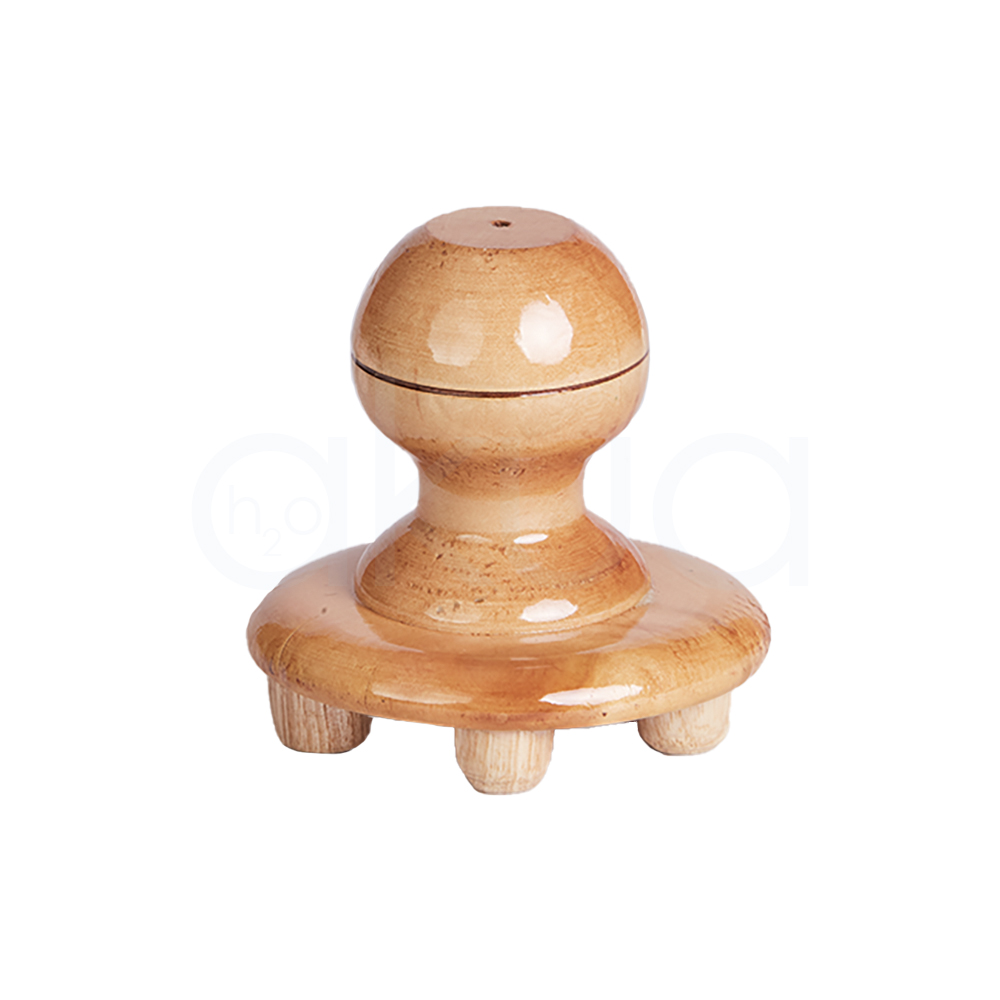 Champiñon masajeador pequeño Maderoterapia. La imagen muestra un masajeador de madera con forma de “champiñón”: una base redonda con varios pivotes cilíndricos y un mango en forma de pomo para sujetarlo cómodamente. H2o Akua