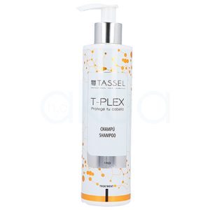Champu T-Plex Tassel 250ml 09277. Es un envase de champú de la marca Tassel, línea T‑Plex, con dispensador tipo “pump” en la parte superior de color blanco y plateado. La botella es blanca con detalles gráficos en tonos naranja que simulan estructuras moleculares y en la etiqueta frontal se lee “Tassel”, “T‑Plex Protege tu cabello” y “Champú / Shampoo”. H2o Akua