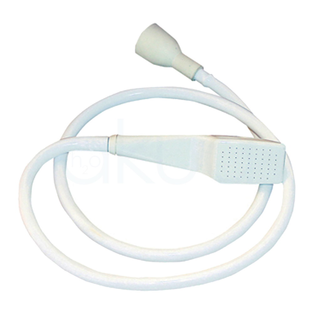 Ducha flexo lavacabezas portatil Eurostil 01960. En la imagen se ve una ducha portátil de color blanco formada por un tubo flexible y una pieza terminal rectangular perforada que actúa como rociador. En el extremo opuesto del tubo hay un adaptador cónico que permite acoplar la ducha a la salida de un grifo estándar. H2o Akua