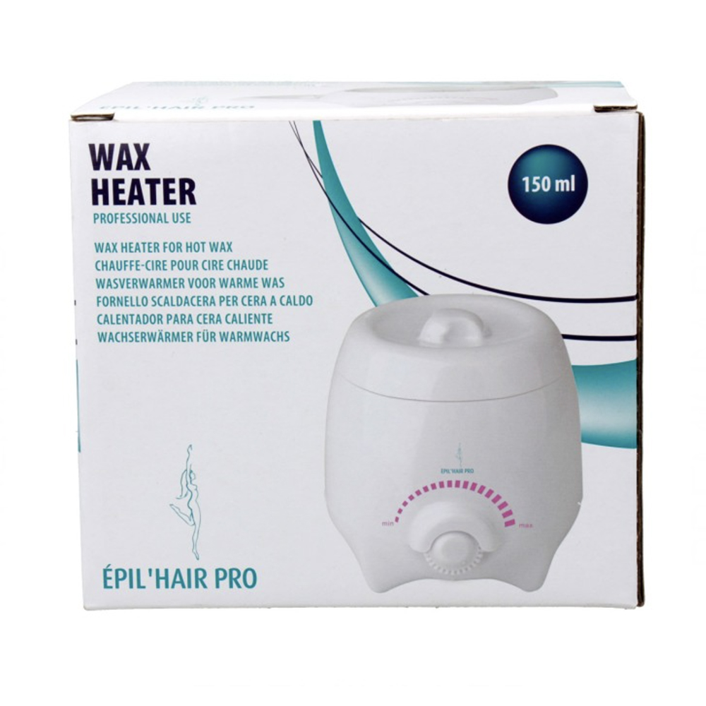 Fundidor cera Max Heater 150ml. La imagen muestra un calentador o fundidor de cera de formato compacto, completamente blanco y de forma cilíndrica con la parte superior abombada. En el frontal lleva un gran mando giratorio con escala semicircular en color rosa para regular la temperatura, y en el cuerpo se aprecia un pequeño logotipo en verde con la silueta de una figura y el texto “EPIL HAIR PRO”. H2o Akua