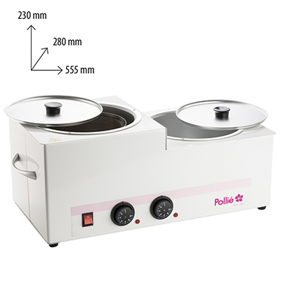 Fundidor cera Pollie 12kg. La imagen muestra un fundidor profesional de cera doble de la marca Pollié, de formato rectangular y color blanco, con dos depósitos circulares metálicos en la parte superior, cada uno con su tapa lisa y pomo negro para levantarla. En el frontal se ve un interruptor rojo de encendido, dos mandos circulares con escala (termostatos) para regular por separado la temperatura de cada seno y, sobre ellos, dos pilotos luminosos que indican el funcionamiento. A los lados del aparato hay asas metálicas para facilitar el transporte, y en el lateral derecho aparece el logotipo de Pollié en color rosa. H2o Akua