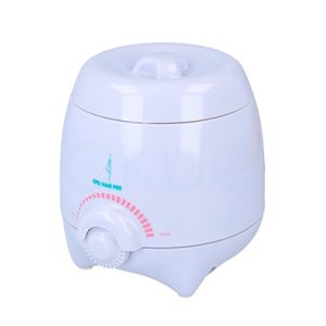 Fundidor cera Max Heater 150ml. La imagen muestra un calentador o fundidor de cera de formato compacto, completamente blanco y de forma cilíndrica con la parte superior abombada. En el frontal lleva un gran mando giratorio con escala semicircular en color rosa para regular la temperatura, y en el cuerpo se aprecia un pequeño logotipo en verde con la silueta de una figura y el texto “EPIL HAIR PRO”. H2o Akua