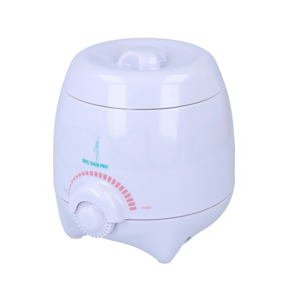 Fundidor cera Max Heater 150ml. La imagen muestra un calentador o fundidor de cera de formato compacto, completamente blanco y de forma cilíndrica con la parte superior abombada. En el frontal lleva un gran mando giratorio con escala semicircular en color rosa para regular la temperatura, y en el cuerpo se aprecia un pequeño logotipo en verde con la silueta de una figura y el texto “EPIL HAIR PRO”. H2o Akua