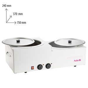 Fundidor cera Pollie 20kg. La imagen muestra un fundidor profesional de cera doble de la marca Pollié, de formato rectangular y color blanco, con dos depósitos circulares metálicos en la parte superior, cada uno con su tapa lisa y pomo negro para levantarla. En el frontal se ve un interruptor rojo de encendido, dos mandos circulares con escala (termostatos) para regular por separado la temperatura de cada seno y, sobre ellos, dos pilotos luminosos que indican el funcionamiento. A los lados del aparato hay asas metálicas para facilitar el transporte, y en el lateral derecho aparece el logotipo de Pollié en color rosa. H2o Akua
