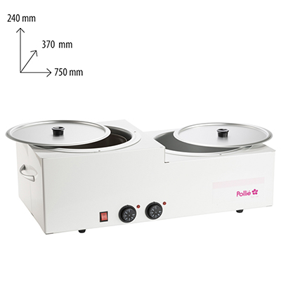 Fundidor cera Pollie 20kg. La imagen muestra un fundidor profesional de cera doble de la marca Pollié, de formato rectangular y color blanco, con dos depósitos circulares metálicos en la parte superior, cada uno con su tapa lisa y pomo negro para levantarla. En el frontal se ve un interruptor rojo de encendido, dos mandos circulares con escala (termostatos) para regular por separado la temperatura de cada seno y, sobre ellos, dos pilotos luminosos que indican el funcionamiento. A los lados del aparato hay asas metálicas para facilitar el transporte, y en el lateral derecho aparece el logotipo de Pollié en color rosa. H2o Akua