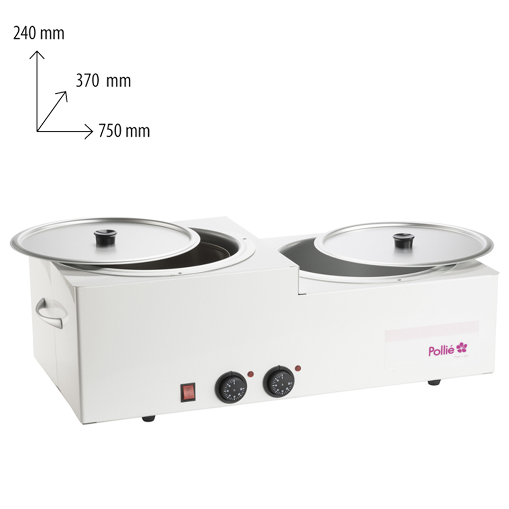 Fundidor cera Pollie 20kg. La imagen muestra un fundidor profesional de cera doble de la marca Pollié, de formato rectangular y color blanco, con dos depósitos circulares metálicos en la parte superior, cada uno con su tapa lisa y pomo negro para levantarla. En el frontal se ve un interruptor rojo de encendido, dos mandos circulares con escala (termostatos) para regular por separado la temperatura de cada seno y, sobre ellos, dos pilotos luminosos que indican el funcionamiento. A los lados del aparato hay asas metálicas para facilitar el transporte, y en el lateral derecho aparece el logotipo de Pollié en color rosa. H2o Akua