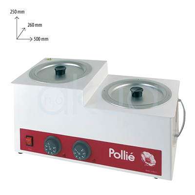 Fundidor cera Pollie 8kg. La imagen muestra un fundidor de cera doble de la marca Pollié, de formato rectangular y color blanco, con dos depósitos metálicos circulares en la parte superior, cada uno con su tapa y pomo negro. En el frontal lleva una banda roja donde se sitúan el interruptor general de encendido y dos mandos redondos independientes, uno para cada cuba, que permiten regular por separado la temperatura de la cera en cada depósito. H2o Akua