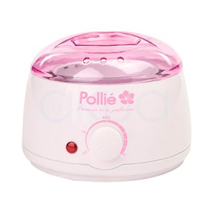 Fundidor de cera con cazoleta Pollie 450ml En la imagen se ve un fusor de cera profesional de sobremesa, de diseño compacto y forma redondeada, en colores blanco y rosa. En la parte frontal aparece la marca “Pollié” en rosa, un piloto luminoso rojo y una rueda reguladora de temperatura con posiciones de apagado, medio y máximo. H2o Akua
