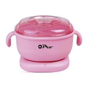Fundidor cera silicona Albi pro 400gr. Es un recipiente eléctrico de color rosa con tapa transparente y dos asas laterales curvas, de aspecto similar a una pequeña olla o cuenco térmico. En la parte frontal se ve el logotipo “aPro” en negro y debajo tiene una base también rosa, que parece ser la parte calefactora o soporte del aparato. H2o Akua