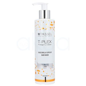 Mascarilla T-Plex Tassel 250ml 09278. Es un envase de mascarilla capilar de la marca Tassel, línea T‑Plex, con dispensador tipo “pump” blanco y cuello plateado. El bote es blanco con detalles en color naranja que recuerdan a estructuras moleculares y en la etiqueta frontal se lee “Tassel”, “T‑Plex Protege tu cabello” y “Mascarilla capilar / Hair mask”. H2o Akua