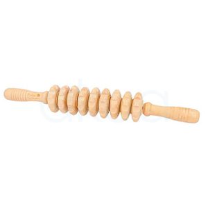 Rodillo mazorca Pollie 07895. La imagen muestra un rodillo de maderoterapia de madera clara con un mango ergonómico en cada extremo y una zona central formada por varias ruedas cilíndricas con pequeñas hendiduras alrededor. Estas ruedas giratorias crean un masaje profundo y uniforme al deslizar el rodillo sobre la piel, indicado para trabajar grandes zonas corporales como muslos, glúteos, espalda o abdomen en tratamientos reductores, anticelulíticos y descontracturantes. H2o Akua