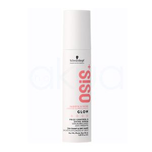 Serum Glow antiencrespamiento Osis 50ml. Es un envase cilíndrico blanco del producto Schwarzkopf Professional OSiS+ Glow. En la parte frontal aparece el logotipo de Schwarzkopf en negro y, en grande y en vertical, el nombre “OSiS+” en color rosa, mientras que más abajo se lee “Glow” y se indica que es un sérum de brillo y control del encrespamiento para el cabello. H2o Akua
