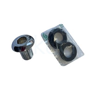 Seta soporte ducha lavacabezas H2oAkua. En la imagen se ve un conjunto de recambios metálicos y de goma para fontanería o lavacabezas. A la izquierda hay una pieza metálica cromada roscada con cabeza ancha y abertura central, y a la derecha aparece un blíster transparente con varias juntas o arandelas de goma negras empaquetadas.