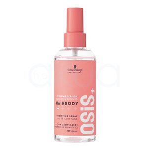 Spray Hair Body fijacion ligera Osis 200ml. El envase es transparente con una etiqueta rosa coral que cubre la parte frontal. En grande aparece el texto “OSiS+” en vertical, y en letras más pequeñas “Hairbody” junto a “Volume & Body” indicando que es un spray voluminizador. Lleva un pulverizador del mismo color rosa coral que la etiqueta, y en la parte inferior se indica un contenido de 200ml. H2o Akua
