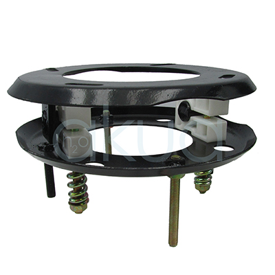 Basculante repuesto lavacabezas H2oAkua. En la imagen se ve una estructura metálica circular formada por dos aros negros paralelos unidos entre sí mediante tornillos, muelles y piezas de plástico. Entre ambos aros quedan visibles varios pernos roscados verticales con sus muelles, que permiten el movimiento o basculación del conjunto, como soporte o mecanismo de amortiguación para un lavacabezas u otro equipo de peluquería.