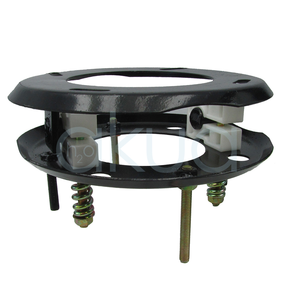 Basculante repuesto lavacabezas H2oAkua. En la imagen se ve una estructura metálica circular formada por dos aros negros paralelos unidos entre sí mediante tornillos, muelles y piezas de plástico. Entre ambos aros quedan visibles varios pernos roscados verticales con sus muelles, que permiten el movimiento o basculación del conjunto, como soporte o mecanismo de amortiguación para un lavacabezas u otro equipo de peluquería.