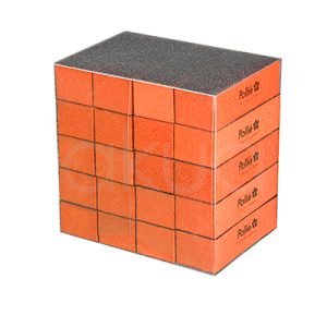 Caja 20 tacos lima 3 caras pulidor pollie 06031. Taco lima grueso rectangular de Pollié en color naranja intenso con caras abrasivas negras. En la cara superior destaca el logo "Pollié" con flor en blanco sobre fondo naranja, y las cuatro caras largas negras indican grano grueso para desbaste potente. H2o Akua