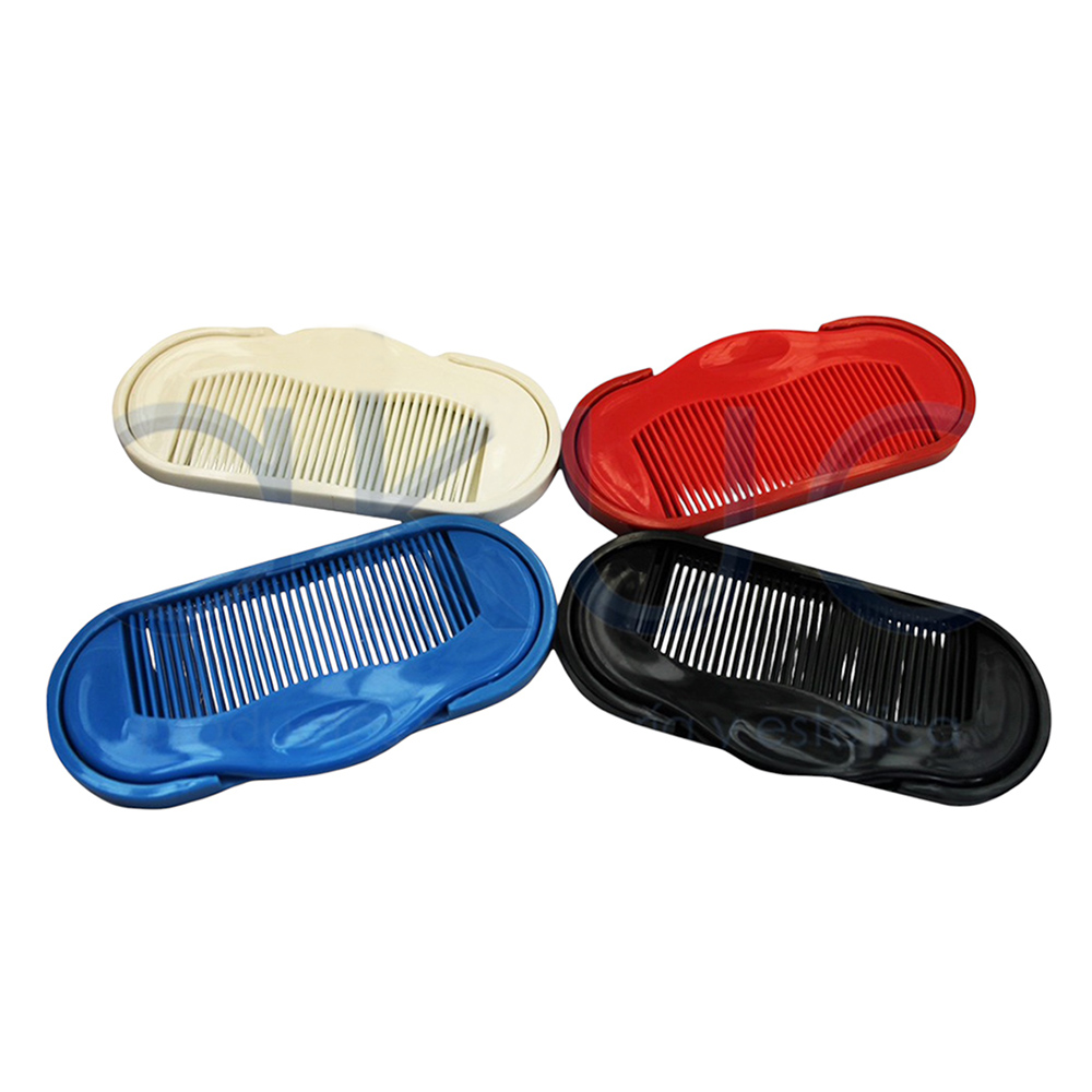 Estuche peine con espejo Outlet.conjunto de 8 peines profesionales de peluquería en forma de pica ovalada ergonómica, dispuestos en dos filas sobre fondo blanco, en colores variados: negro, azul, rojo, blanco y transparente. Cada uno tiene dientes finos para peinar y un marco rectangular hueco en el centro del cuerpo, diseñado para sujetar extensiones de cabello, pelucas o mechones durante colocación o mantenimiento. Son herramientas resistentes tipo acetato, ideales para salones que trabajan con cabello postizo o extensiones