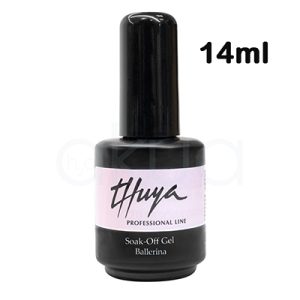 Gel Soak off Ballerina 14ml Thuya. Bote de esmalte en gel profesional de color negro, de forma cilíndrica con tapón alargado también negro. En la parte frontal lleva una etiqueta rosa clara donde se lee el logo “Thuya” y debajo “Professional Line”. En la parte inferior de la etiqueta aparece el texto “Soak-Off Gel Ballerina”, indicando el tipo y tono del gel. H2o Akua