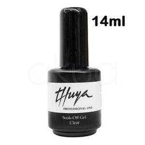 Gel Soak off Clear 14ml Thuya. Bote de esmalte en gel profesional de color negro, de forma cilíndrica con tapón alargado también negro. H2o Akua