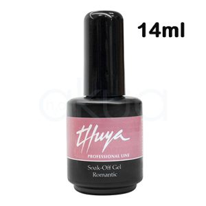 Gel Soak off Romantic 14ml Thuya. Bote de esmalte en gel profesional de color negro, de forma cilíndrica con tapón alargado también negro. H2o Akua