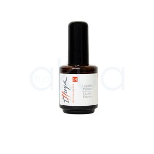Liquido primer 14ml Thuya. Frasco de Primer Líquido Thuya Professional Line de 14 ml. Es un bote ámbar translúcido con tapón blanco roscado, ideal para adherencia en manicuras soak-off. H2o Akua