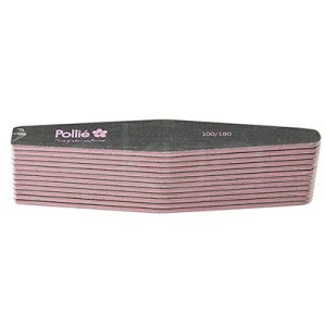 Pack 12 limas 100/180 negra Rocket acolchada pollie 06003. El pack de 12 limas 100/180 negra Rocket acolchada Pollié 06003 muestra un taco compacto rectangular de limas individuales en forma trapezoidal (Rocket), con mango acolchado negro ergonómico y doble grano 100/180 (100 grueso para desbaste, 180 fino para acabado). Cada lima tiene superficie abrasiva cebra gris/negra resistente, bordes laminados rosa antideslizantes y medidas estándar 18 cm largo x 2 cm ancho, desechables para higiene profesional en manicura. H2o Akua