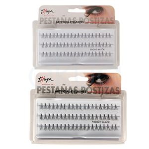 Pestañas Postizas Grupos Thuya.La imagen muestra un pack de pestañas postizas individuales artificiales de la marca Thuya, en una caja rectangular transparente con colgador superior y etiquetas en español e inglés. Contiene tres compartimentos con pestañas negras en tres longitudes: Short Black (corta, fila superior), Medium Black (media, fila central) y Long Black (larga, fila inferior), con forma natural y curva para aplicación en extensiones de volumen o maquillaje profesional. H2o Akua
