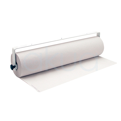 Porta rollo papel camilla Italy. La imagen muestra un dispensador de pared metálico blanco esmaltado diseñado para rollos grandes de papel protector no tejido (aprox. 50 cm ancho x 100-200 m largo). Tiene estructura horizontal con ejes giratorios laterales, freno manual (rueda azul) para controlar la dispensación, soporte antideslizante y fijación a pared o camilla mediante tornillos o adhesivos; ideal para cubrir camillas en salones de estética/peluquería. H2o Akua