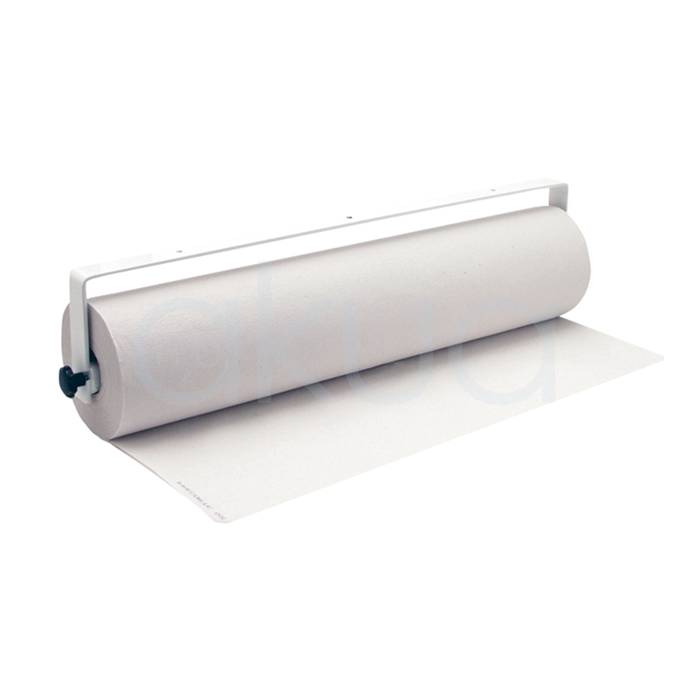 Porta rollo papel camilla Italy. La imagen muestra un dispensador de pared metálico blanco esmaltado diseñado para rollos grandes de papel protector no tejido (aprox. 50 cm ancho x 100-200 m largo). Tiene estructura horizontal con ejes giratorios laterales, freno manual (rueda azul) para controlar la dispensación, soporte antideslizante y fijación a pared o camilla mediante tornillos o adhesivos; ideal para cubrir camillas en salones de estética/peluquería. H2o Akua