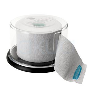 Porta rollo papel cuello H2oAkua. El porta rollo es un dispensador cilíndrico transparente de plástico duro (tipo metacrilato) con tapa superior redonda negra que se abre para recarga, base negra antideslizante redonda y eje interno giratorio para dispensar papel no tejido continuo. Mide aproximadamente 20-25 cm de diámetro y 15 cm de alto, con diseño higiénico para entornos profesionales como peluquerías o salones de belleza, donde se usa papel para secar manos o limpiar herramientas.