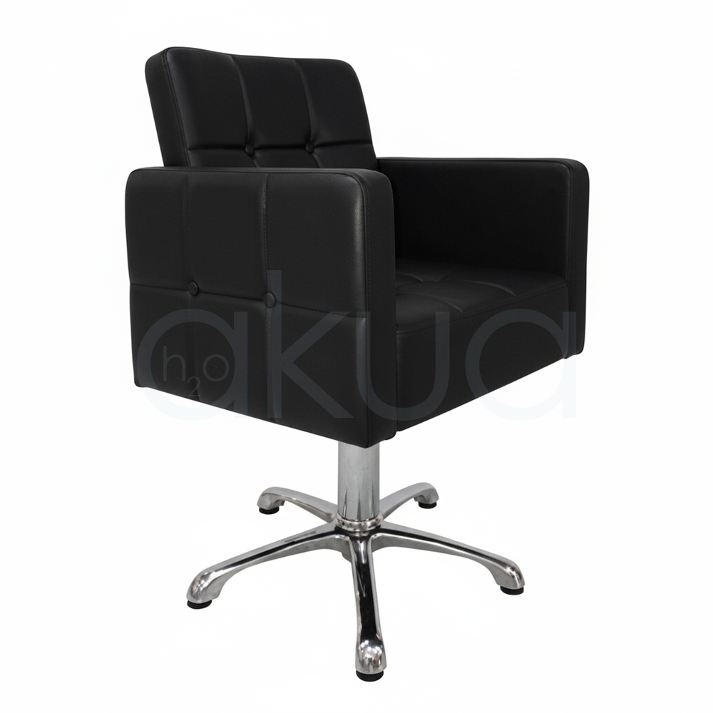 Sillon Glamour 07190. Sillón de peluquería negro con diseño cúbico moderno y capitoné acolchado en cuadrícula con botones.
