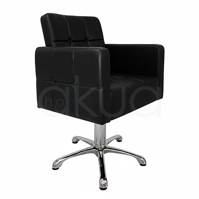 Sillon Glamour 07190. Sillón de peluquería negro con diseño cúbico moderno y capitoné acolchado en cuadrícula con botones.