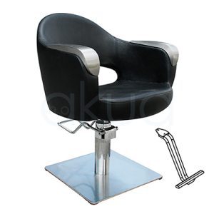 Sillon pie cuadrado con apoyapies Art negro 06094/50/6. El sillón tiene una forma envolvente, con respaldo y brazos integrados que crean una especie de cubeta redondeada y abierta por delante. Su color principal es negro, con los apoyabrazos rematados en un tono metálico plateado y la base hidráulica en cromo brillante. H2o Akua