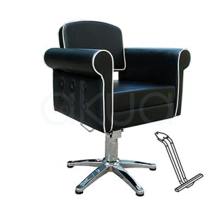 Sillon pie estrella con reposapies Style negra 06095/50/4. Modelo de peluquería o barbería en estilo vintage o retro capitoné, con tapizado negro en polipiel y ribetes blancos contrastantes y reposapiés. H2o Akua