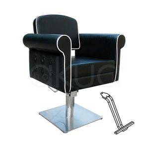 Sillon pie cuadrado con reposapies Style negra 06095/50/6. Modelo de peluquería o barbería en estilo vintage o retro capitoné, con tapizado negro en polipiel y ribetes blancos contrastantes y reposapiés. H2o Akua