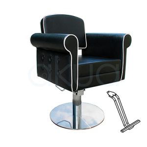 Sillon pie redondo con reposapies Style negra 06095/50/5. Modelo de peluquería o barbería en estilo vintage o retro capitoné, con tapizado negro en polipiel y ribetes blancos contrastantes y reposapiés. H2o Akua