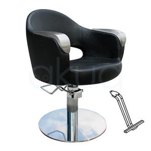 Sillon pie redondo con apoyapies Art negro 06094/50/5. El sillón tiene una forma envolvente, con respaldo y brazos integrados que crean una especie de cubeta redondeada y abierta por delante. Su color principal es negro, con los apoyabrazos rematados en un tono metálico plateado y la base hidráulica en cromo brillante. H2o Akua