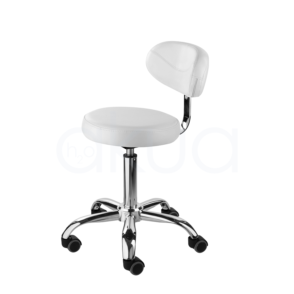 Taburete blanco con respaldo 03937/58. Taburete o silla auxiliar para salones de estética/peluquería, con asiento redondo blanco, respaldo bajo redondeado y base cromada. H2o Akua