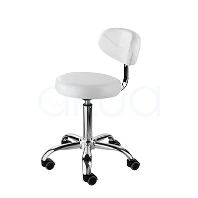 Taburete blanco con respaldo 03937/58. Taburete o silla auxiliar para salones de estética/peluquería, con asiento redondo blanco, respaldo bajo redondeado y base cromada. H2o Akua