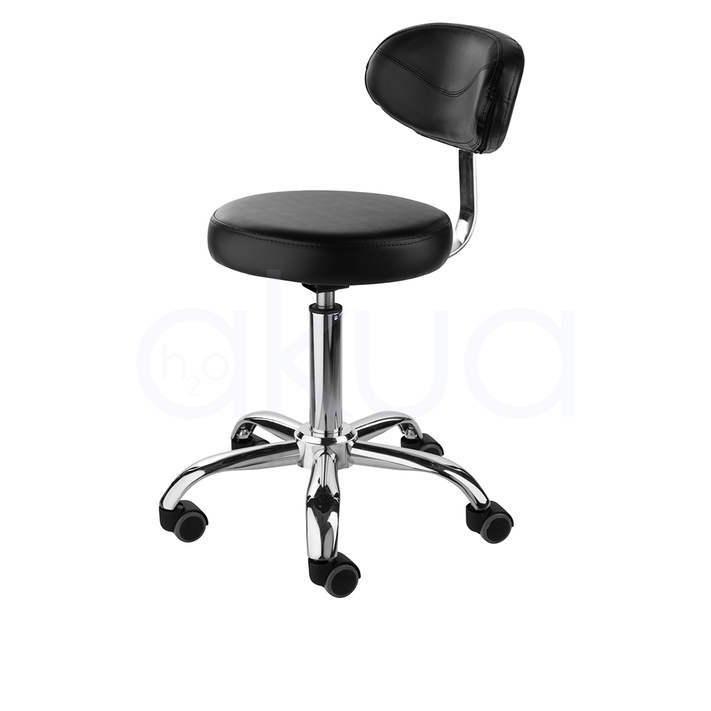 Taburete negro con respaldo 03937/50. Taburete o silla auxiliar para salones de estética/peluquería, con asiento redondo negro, respaldo bajo redondeado y base cromada. H2o Akua
