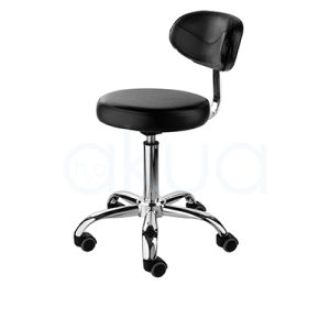 Taburete negro con respaldo 03937/50. Taburete o silla auxiliar para salones de estética/peluquería, con asiento redondo negro, respaldo bajo redondeado y base cromada. H2o Akua