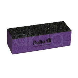 Taco lima 3 caras pulidor Pollie 06030. Taco lima grueso rectangular de Pollié en color morado intenso con caras abrasivas negras. En la cara superior destaca el logo "Pollié" con flor en blanco sobre fondo naranja, y las cuatro caras largas negras indican grano grueso para desbaste potente. H2o Akua