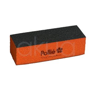 Taco lima gruesa 3 caras pulidor Pollie. Taco lima grueso rectangular de Pollié en color naranja intenso con caras abrasivas negras. En la cara superior destaca el logo "Pollié" con flor en blanco sobre fondo naranja, y las cuatro caras largas negras indican grano grueso para desbaste potente. H2o Akua