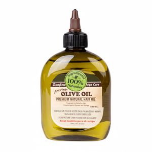 Aceite hidratante Oliva premium cabello y cuerpo 230ml Outlet. Es un bote ámbar translúcido de 230 ml con gotero marrón, etiqueta verde/amarilla destacando "Olive Oil Premium Natural Hair Oil", advertencias contra daños por decoloración/permanente y uso en manos/pies. H2o Akua