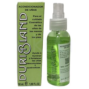 Acondicionador de uñas Duribland 50ml. Tiene forma de un frasco cilíndrico pequeño con pulverizador transparente en la parte superior y cuerpo recto ligeramente redondeado en la base. El envase es transparente, lleno de un líquido verde intenso, con etiqueta blanca lateral y el nombre “DURIBLAND” impreso en letras negras verticales. H2o Akua