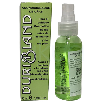 Acondicionador de uñas Duribland 50ml. Tiene forma de un frasco cilíndrico pequeño con pulverizador transparente en la parte superior y cuerpo recto ligeramente redondeado en la base. El envase es transparente, lleno de un líquido verde intenso, con etiqueta blanca lateral y el nombre “DURIBLAND” impreso en letras negras verticales. H2o Akua