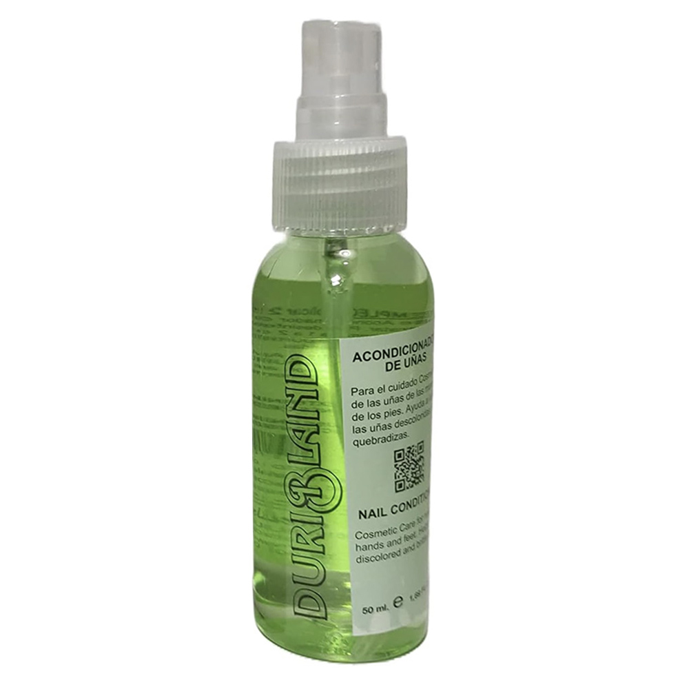 Acondicionador de uñas Duribland 50ml. Tiene forma de un frasco cilíndrico pequeño con pulverizador transparente en la parte superior y cuerpo recto ligeramente redondeado en la base. El envase es transparente, lleno de un líquido verde intenso, con etiqueta blanca lateral y el nombre “DURIBLAND” impreso en letras negras verticales. H2o Akua